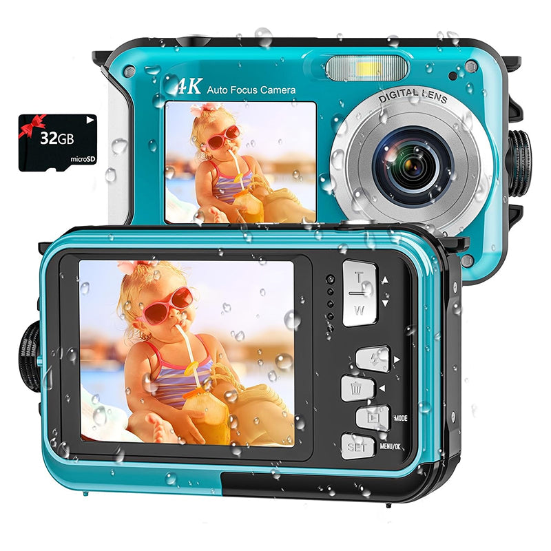 4K Underwater Camera | 56MP Autofocus Dual-Screen 11FT  Waterproof Digital Camera, 32GB Card, Floatable Compact Snorkeling Camera with 1250mAh Battery & Type-C Charging