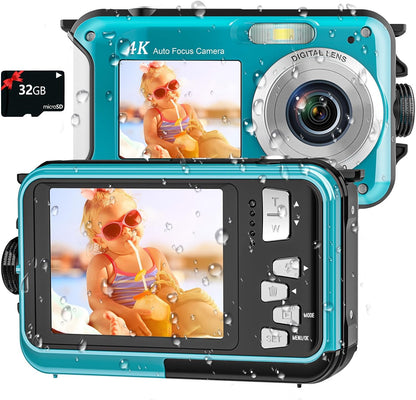 4K Underwater Camera | 56MP Autofocus Dual-Screen 11FT  Waterproof Digital Camera, 32GB Card, Floatable Compact Snorkeling Camera with 1250mAh Battery & Type-C Charging