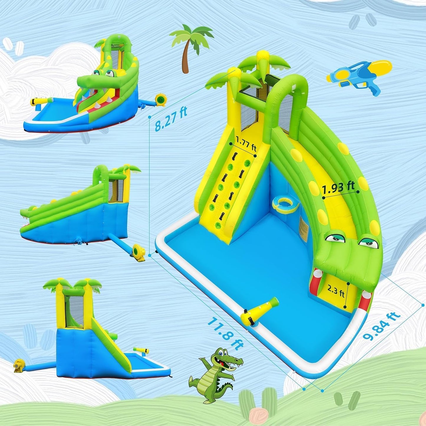 Inflatable Water Slide | Children's Playground, Waterproof Coating, Oxford Fabric, Equipped with Water Fountain, Climbing Wall, Water Cannon, Basketball Hoop, Family Entertainment Facilities