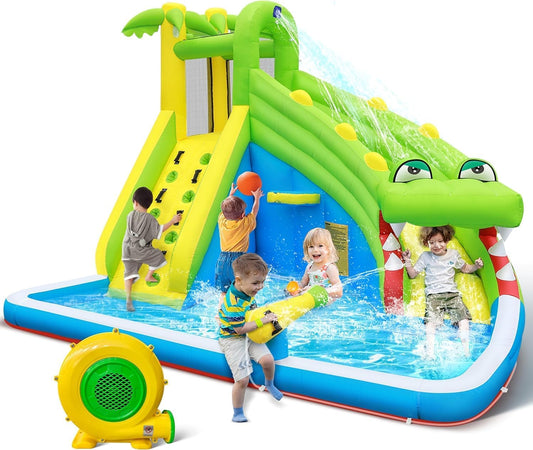 Inflatable Water Slide | Children's Playground, Five-in-one Equipment, Waterproof Coating, Oxford Fabric, Multi-functional Play Slide, Equipped with Water Fountain, Climbing Wall, Water Cannon, Basketball Hoop, Family Entertainment Facilities, Outdoor Chi