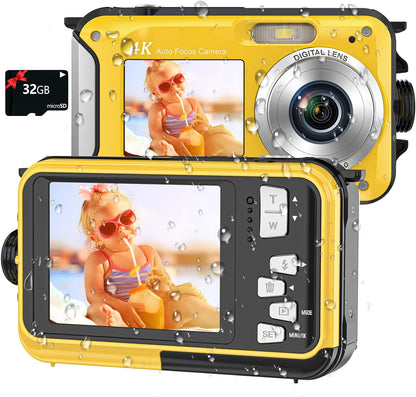 4K Underwater Camera | 56MP Autofocus Dual-Screen 11FT  Waterproof Digital Camera, 32GB Card, Floatable Compact Snorkeling Camera with 1250mAh Battery & Type-C Charging