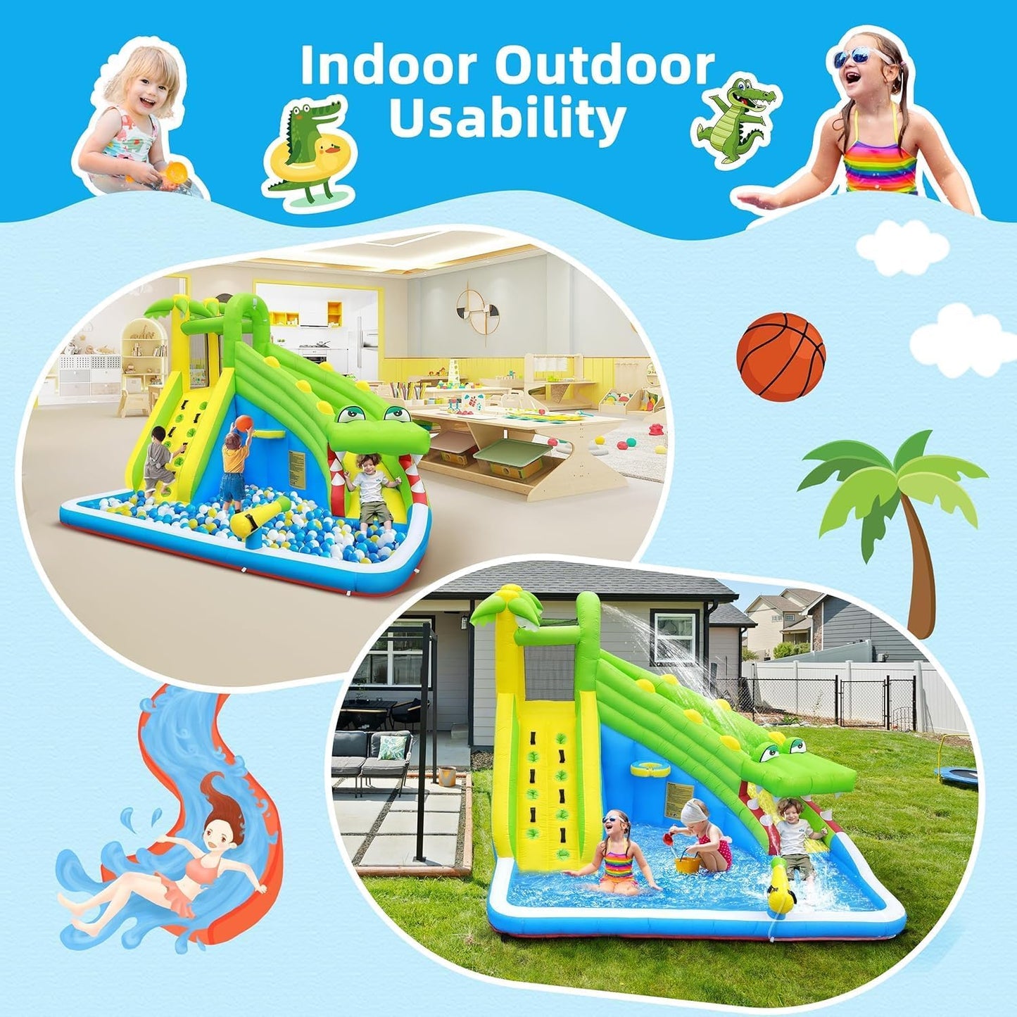 Inflatable Water Slide | Children's Playground, Waterproof Coating, Oxford Fabric, Equipped with Water Fountain, Climbing Wall, Water Cannon, Basketball Hoop, Family Entertainment Facilities