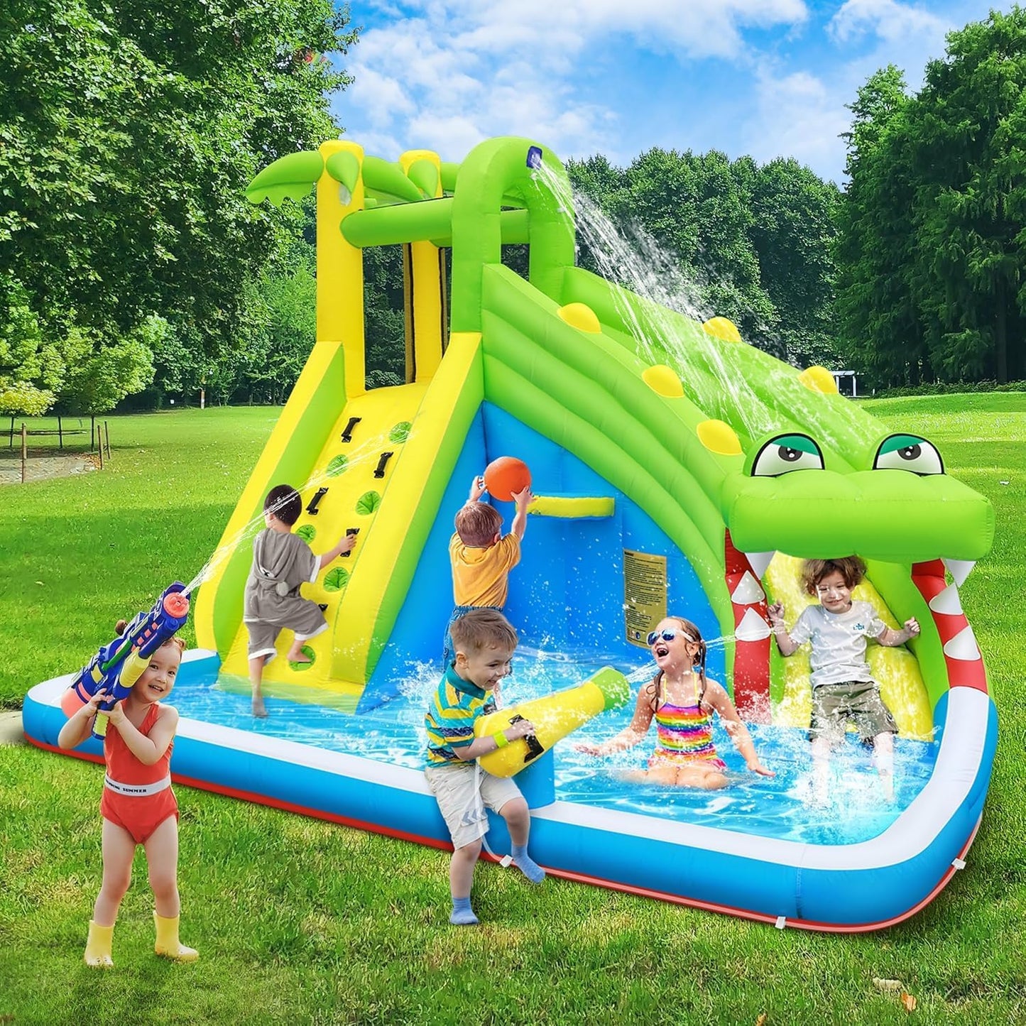 Inflatable Water Slide | Children's Playground, Waterproof Coating, Oxford Fabric, Equipped with Water Fountain, Climbing Wall, Water Cannon, Basketball Hoop, Family Entertainment Facilities