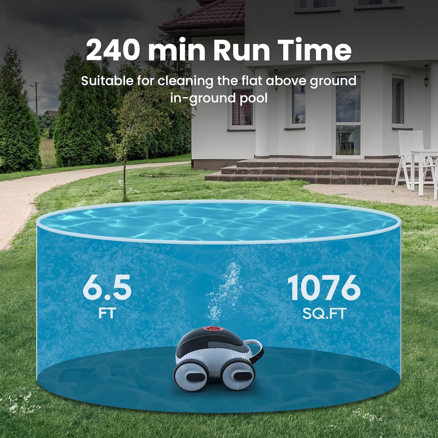 Cordless Robotic Pool Cleaner, Automatic Pool Vacuum with App, Lasts up to 240 Mins, Ultra-fine Dual Filter Ideal for Above/In-Ground Pools up to 1,076 Sq.ft - VacSphere