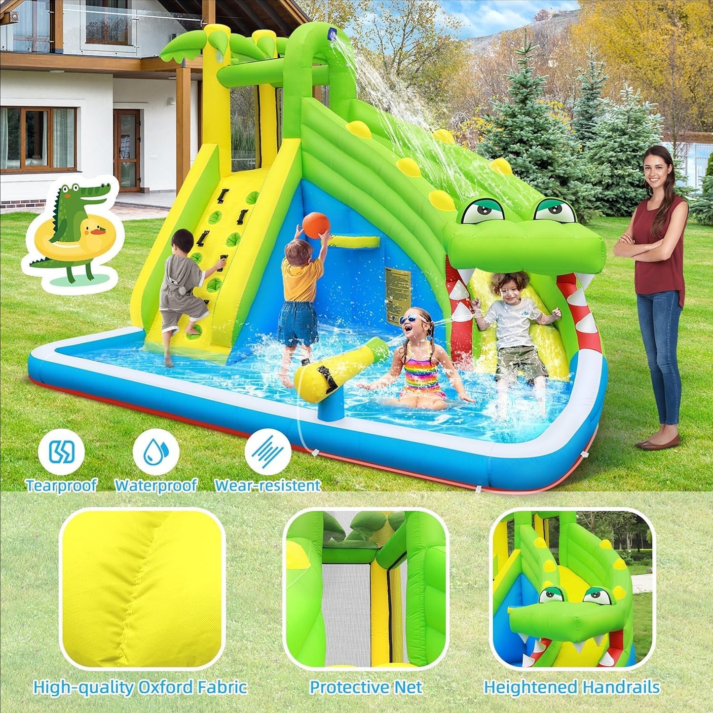 Inflatable Water Slide | Children's Playground, Waterproof Coating, Oxford Fabric, Equipped with Water Fountain, Climbing Wall, Water Cannon, Basketball Hoop, Family Entertainment Facilities