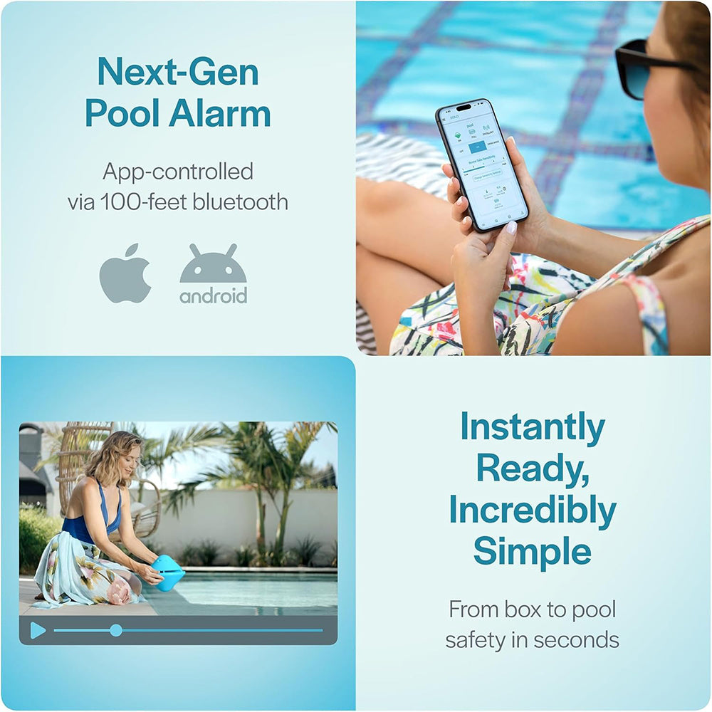 Alarma de piscina Lifebuoy Solo. Alarmas para piscinas enterradas y elevadas. Alarma de piscina flotante. No certificada por ASTM F2208. Aplicación Bluetooth. Sin alertas a teléfonos móviles. No compatible con BCone Pool Safety Alarm Guardian.