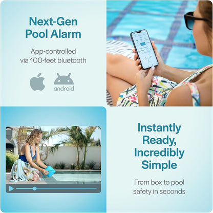 Alarma de piscina Lifebuoy Solo. Alarmas para piscinas enterradas y elevadas. Alarma de piscina flotante. No certificada por ASTM F2208. Aplicación Bluetooth. Sin alertas a teléfonos móviles. No compatible con BCone Pool Safety Alarm Guardian.