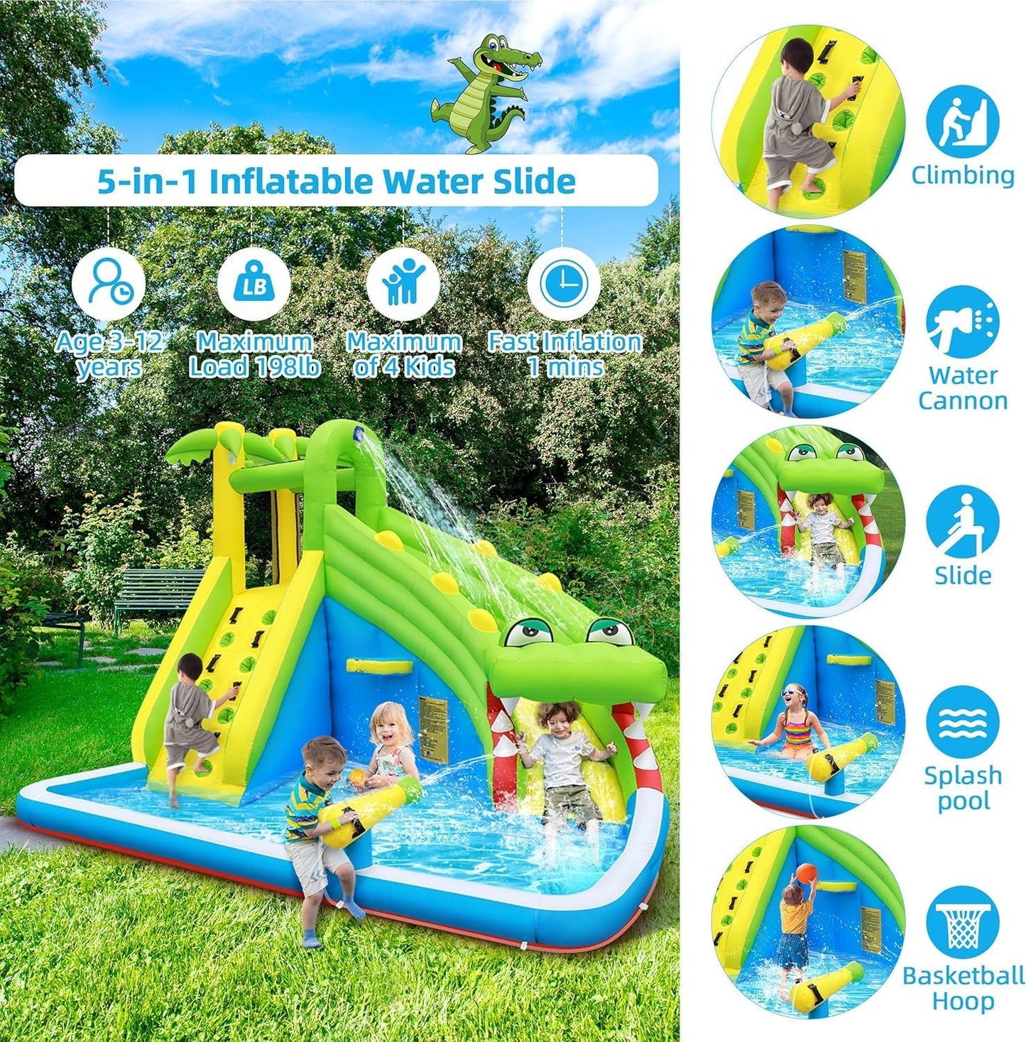 Inflatable Water Slide | Children's Playground, Waterproof Coating, Oxford Fabric, Equipped with Water Fountain, Climbing Wall, Water Cannon, Basketball Hoop, Family Entertainment Facilities