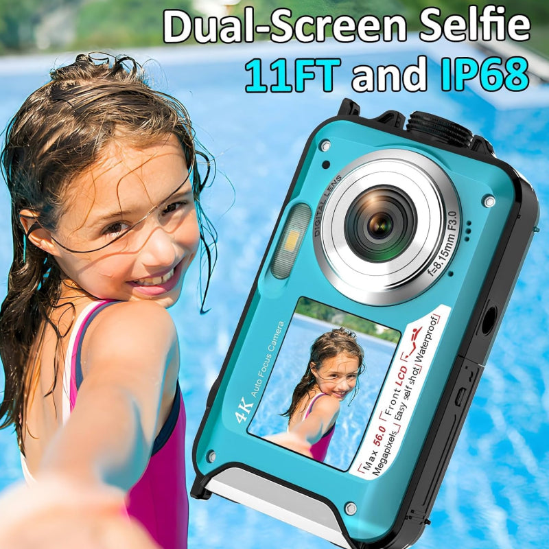 4K Underwater Camera | 56MP Autofocus Dual-Screen 11FT  Waterproof Digital Camera, 32GB Card, Floatable Compact Snorkeling Camera with 1250mAh Battery & Type-C Charging