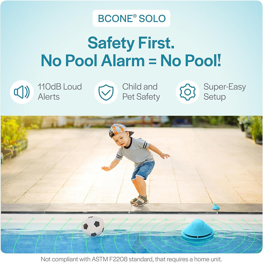 Alarma de piscina Lifebuoy Solo. Alarmas para piscinas enterradas y elevadas. Alarma de piscina flotante. No certificada por ASTM F2208. Aplicación Bluetooth. Sin alertas a teléfonos móviles. No compatible con BCone Pool Safety Alarm Guardian.