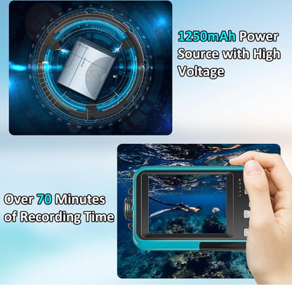 4K Underwater Camera | 56MP Autofocus Dual-Screen 11FT  Waterproof Digital Camera, 32GB Card, Floatable Compact Snorkeling Camera with 1250mAh Battery & Type-C Charging