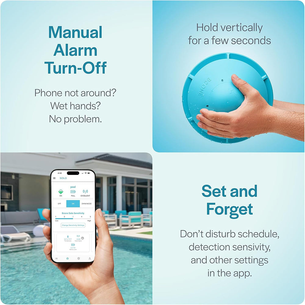 Alarma de piscina Lifebuoy Solo. Alarmas para piscinas enterradas y elevadas. Alarma de piscina flotante. No certificada por ASTM F2208. Aplicación Bluetooth. Sin alertas a teléfonos móviles. No compatible con BCone Pool Safety Alarm Guardian.