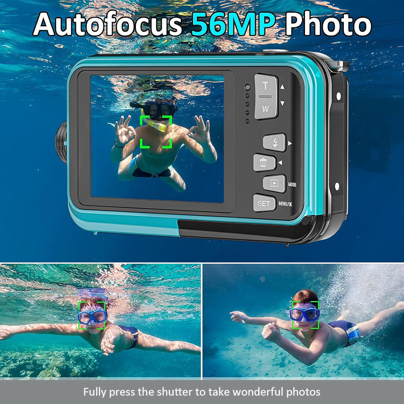 4K Underwater Camera | 56MP Autofocus Dual-Screen 11FT  Waterproof Digital Camera, 32GB Card, Floatable Compact Snorkeling Camera with 1250mAh Battery & Type-C Charging