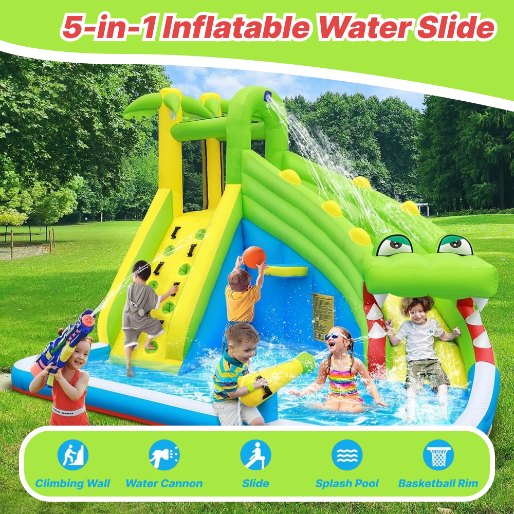 Inflatable Water Slide | Children's Playground, Waterproof Coating, Oxford Fabric, Equipped with Water Fountain, Climbing Wall, Water Cannon, Basketball Hoop, Family Entertainment Facilities