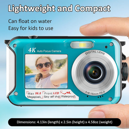 4K Underwater Camera | 56MP Autofocus Dual-Screen 11FT  Waterproof Digital Camera, 32GB Card, Floatable Compact Snorkeling Camera with 1250mAh Battery & Type-C Charging
