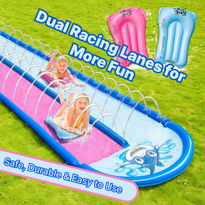 Water Slide | Children's Summer Water Slide, Outdoor Backyard Lawn Water Toy, Water Slide Double-person Slide, Surfboard, Children's Outdoor Toy, PVC Thickened, Water Sprinkler Pad, Equipped with 2 Gas-filled Boards and Raceway Passage